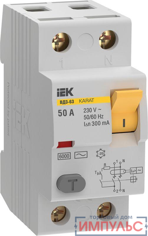 Выключатель дифференциального тока (УЗО) 2п 50А 300мА 6кА тип AC ВД3-63 KARAT IEK MDV20-2-050-300