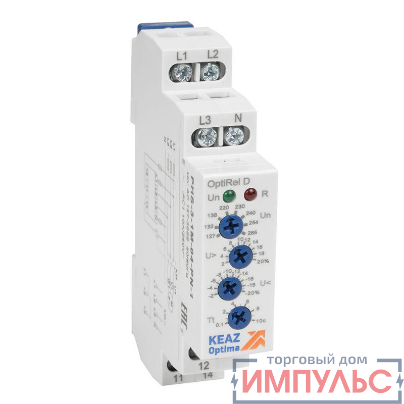 Реле контроля фаз OptiRel D PHS-3-1M-04-PN-2 повышенного/пониженного 3Ф+N 2СО КЭАЗ 331994