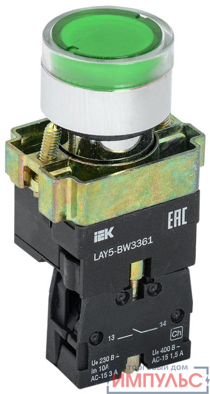 Кнопка LAY5-BW3361 с подсветкой зел. 1з IEK BBT50-BW-K06