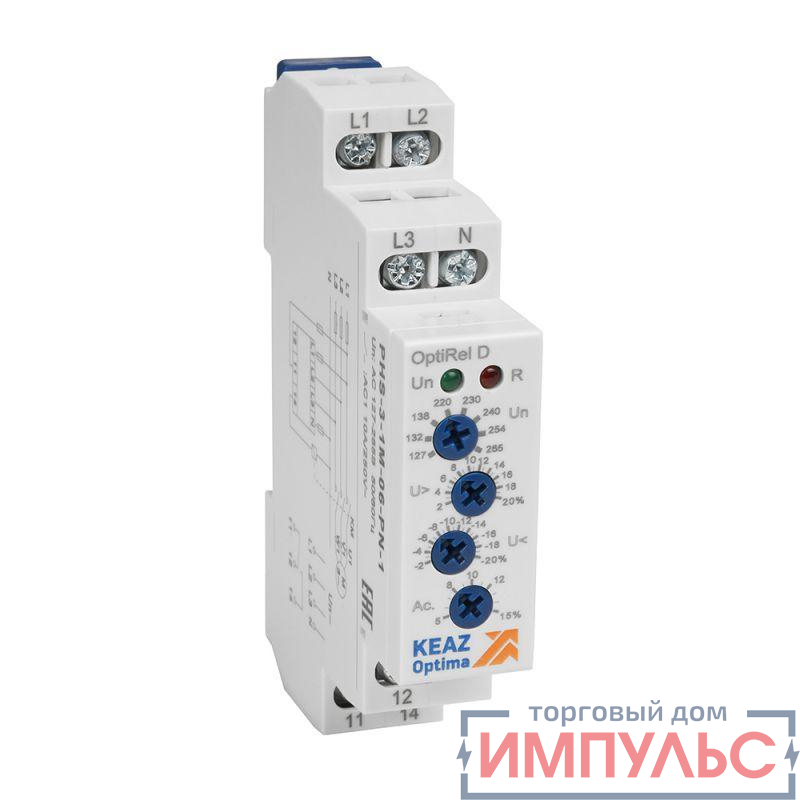 Реле контроля фаз OptiRel D PHS-3-1M-06-PN-2 повышенного/пониженного настр асимметрии 3Ф+N 2CО КЭАЗ 331996