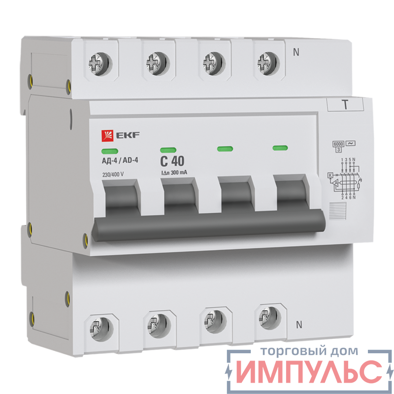 Выключатель автоматический дифференциального тока C 40А 300мА тип AC 6кА АД-4  (электрон.) защита 270В PROxima EKF DA4-6-40-300-pro