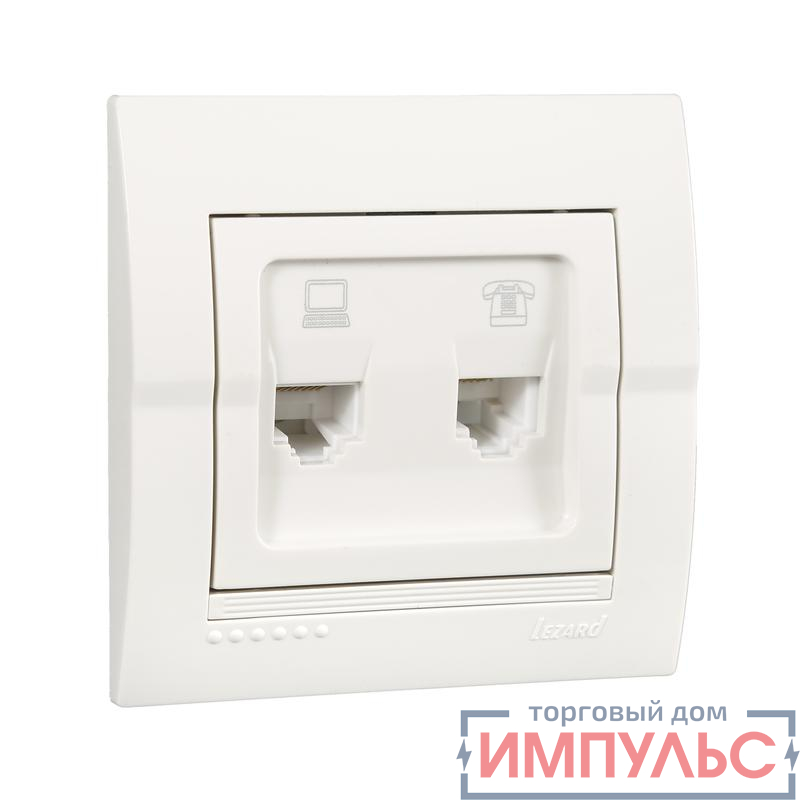 Розетка компьютерная + телефонная 2-м СП Deriy RJ45 + RJ11 IP20 бел. LEZARD 702-0202-143