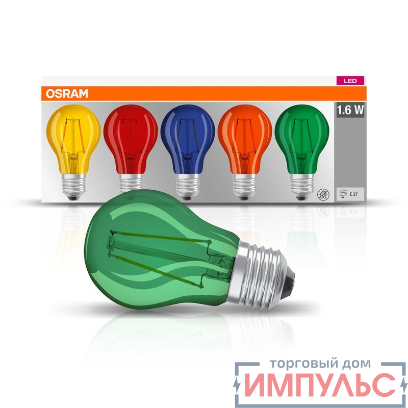 Лампа светодиодная филаментная LEDS CLA DECOR BOX 2.5Вт 1000-9000К бел. E27 от 10 до 235лм A угол пучка 300град. 220-240В (замена от 4 до 23Вт) цветн. стекло (уп.5шт) OSRAM 4058075058460