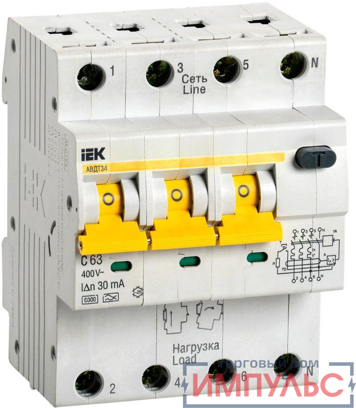 Выключатель автоматический дифференциального тока 4п C 63А 30мА тип A 6кА АВДТ-34 IEK MAD22-6-063-C-30