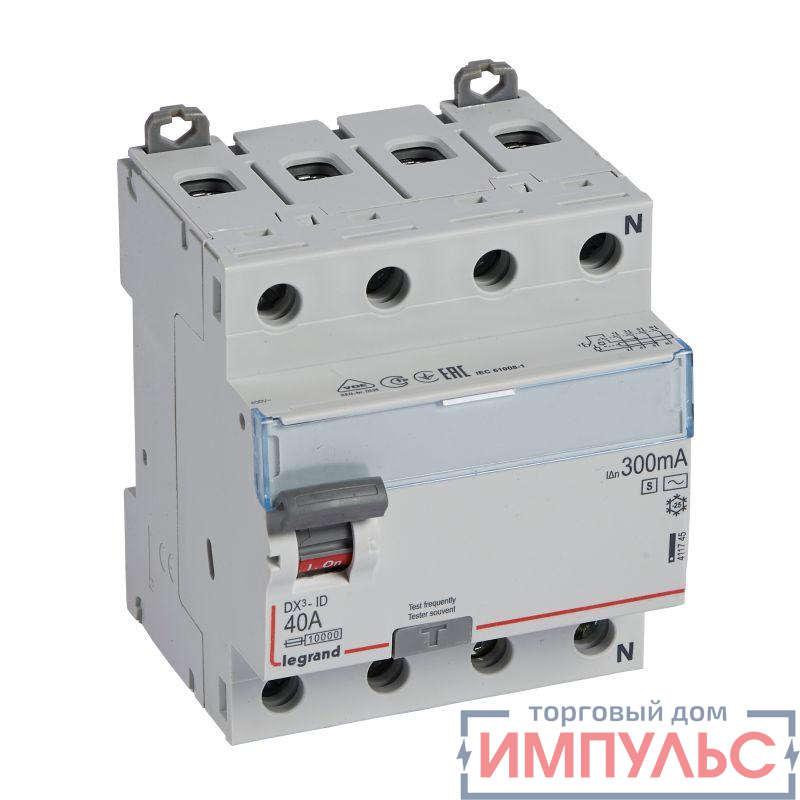 Выключатель дифференциального тока (УЗО) 4п 40А 300мА тип ACS DX3 N справа Leg 411745