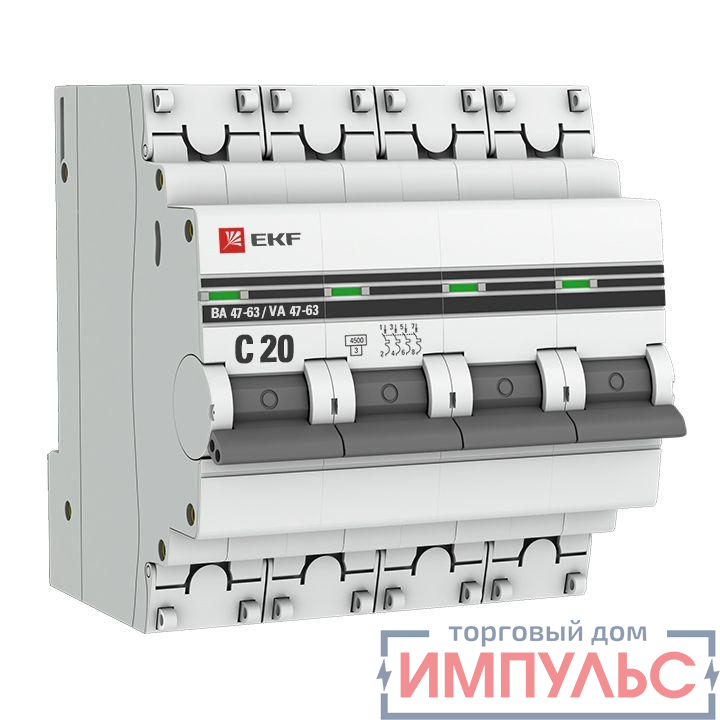 Выключатель автоматический модульный 4п C 20А 4.5кА ВА 47-63 PROxima EKF mcb4763-4-20C-pro