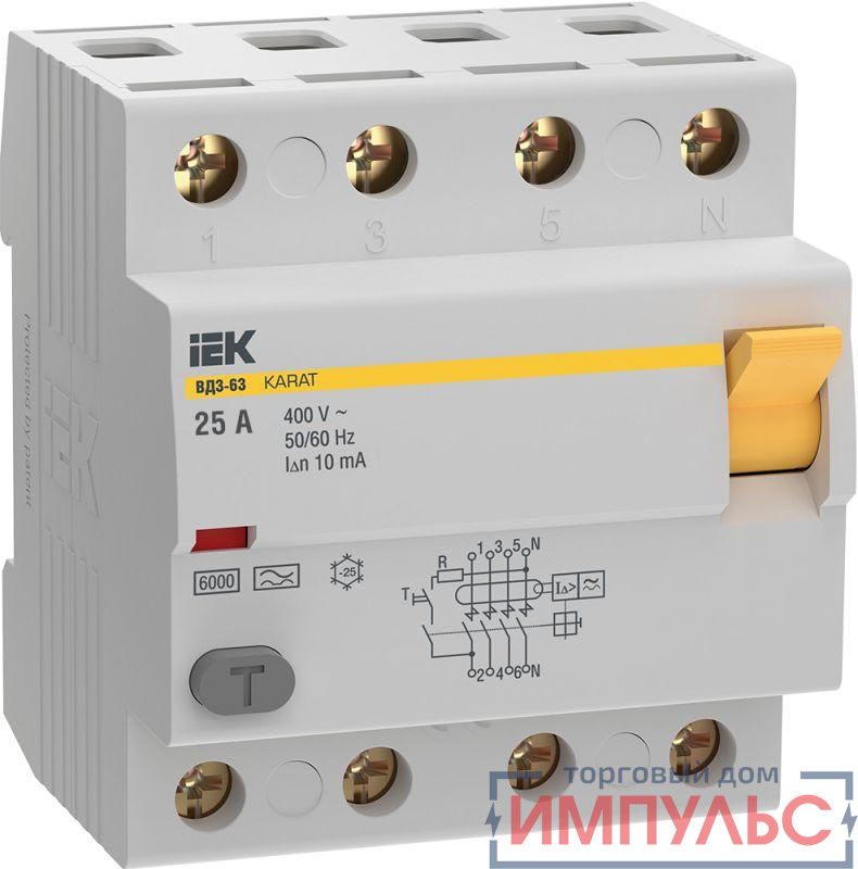 Выключатель дифференциального тока (УЗО) 4п 25А 10мА 6кА тип A ВД3-63 KARAT IEK MDV21-4-025-010
