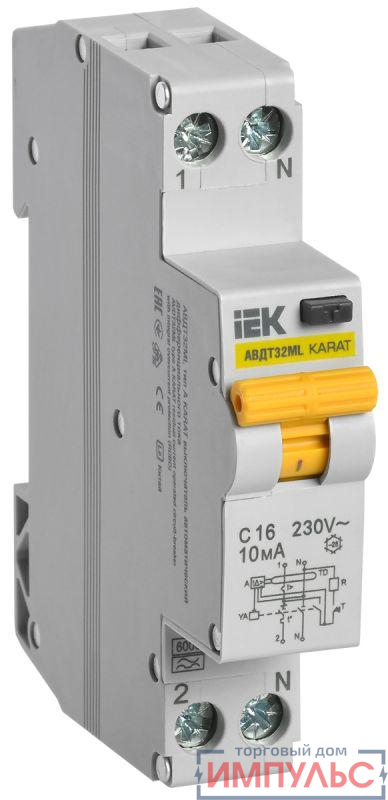 Выключатель автоматический дифференциального тока C 16А 10мА тип A АВДТ32ML KARAT IEK MVD12-1-016-C-010-A