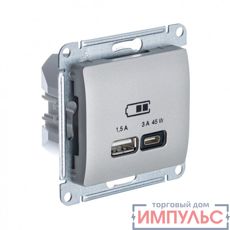 Розетка USB Glossa тип A+C 45Вт QC PD высокоскор. ЗУ механизм платина SE GSL001229
