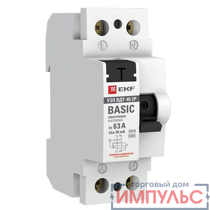 Выключатель дифференциального тока (УЗО) 2п 63А 30мА тип AC Basic электрон.EKF elcb-2-63-30e-sim