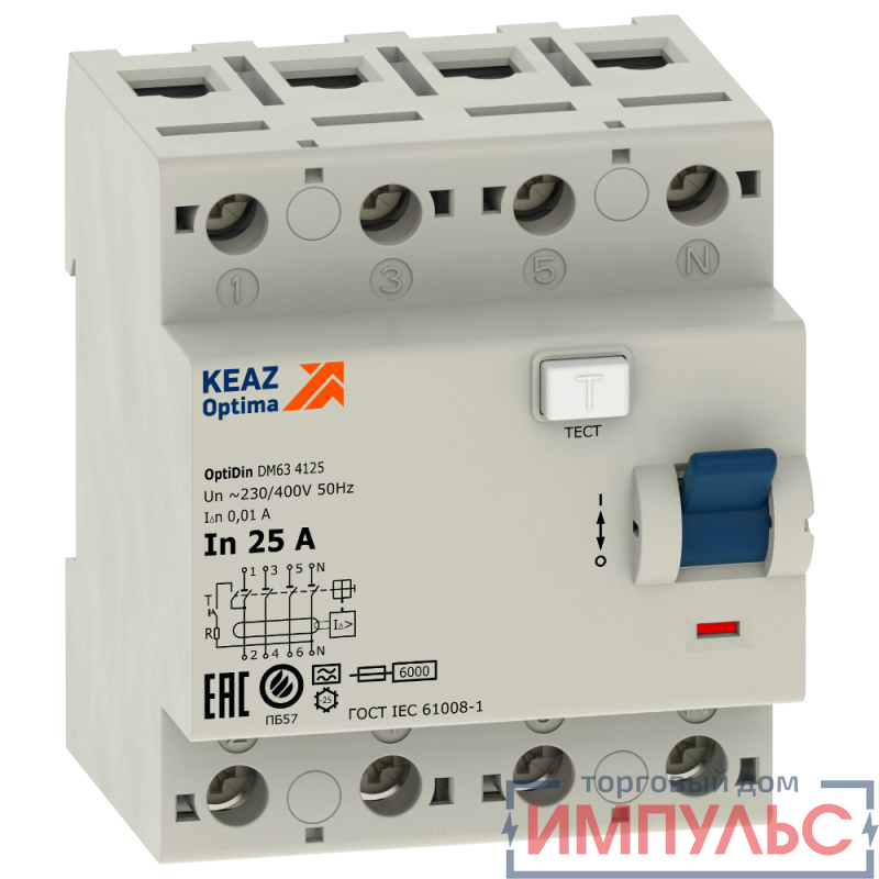 Выключатель дифференциального тока (УЗО) 4п 25А 100мА OptiDin DМ63-4325 AC УХЛ4 КЭАЗ 254202