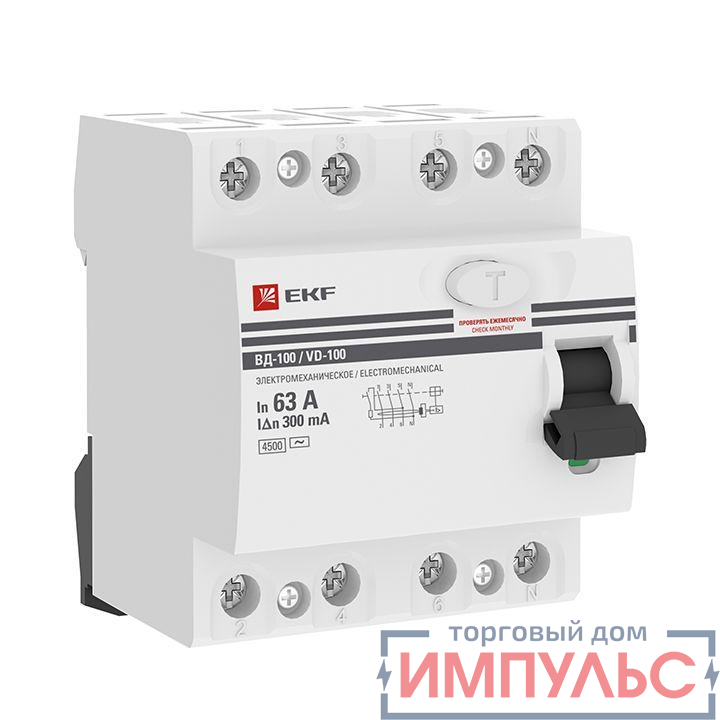 Выключатель дифференциального тока (УЗО) 4п 63А 300мА тип AC ВД-100 (электромех.) PROxima EKF elcb-4-63-300-em-pro