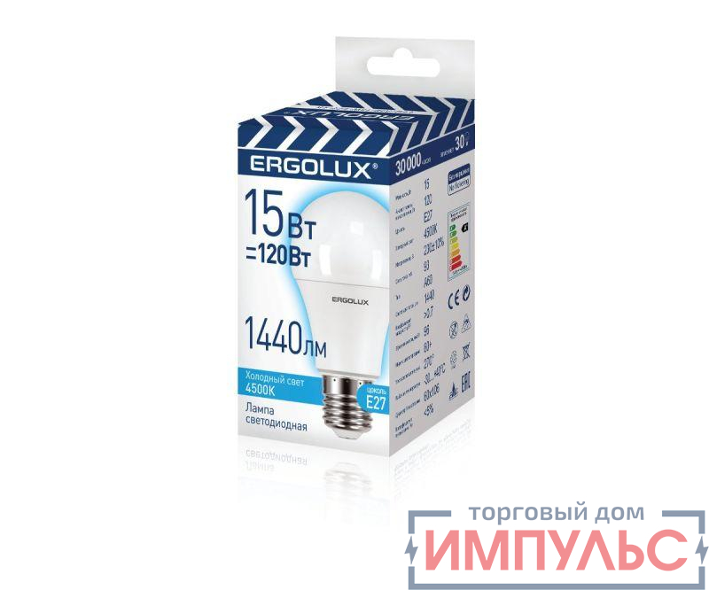 Лампа светодиодная LED-A60-15W-E27-4K "ПРОМО" ЛОН 15Вт E27 4500К 180-240В Ergolux 13638