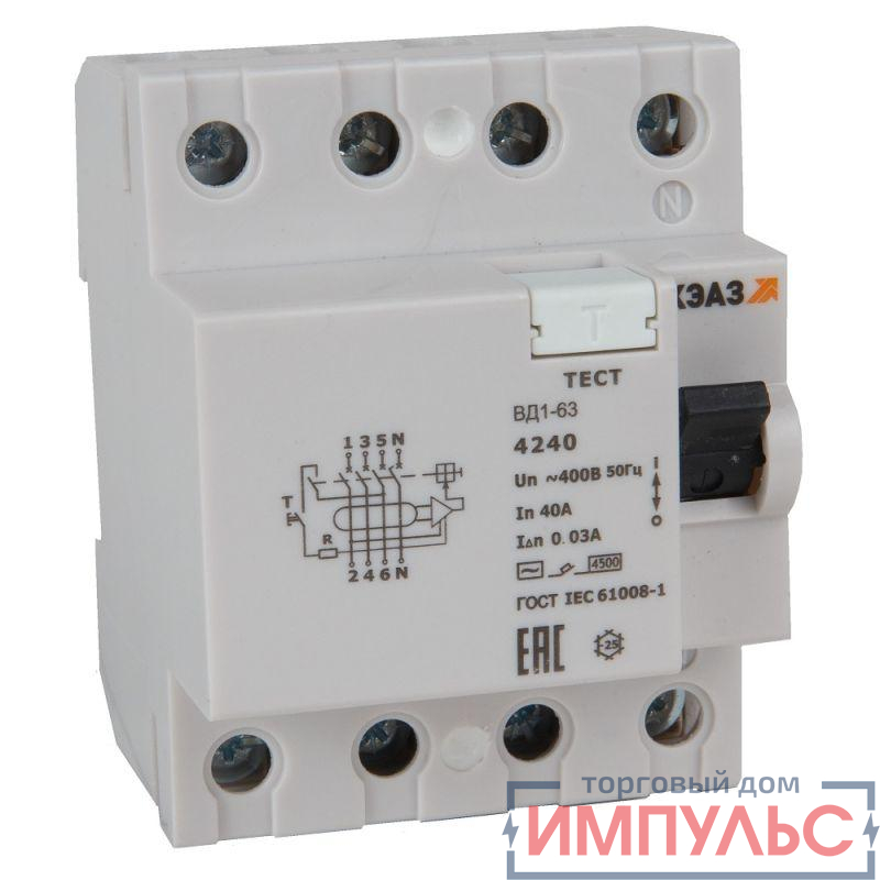 Выключатель дифференциального тока (УЗО) 4п 50А 100мА ВД1-63-4350-АС УХЛ4 электронное КЭАЗ 318487