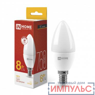 Лампа светодиодная LED-СВЕЧА-VC 8Вт свеча 3000К тепл. бел. E14 760лм 230В IN HOME 4690612020426