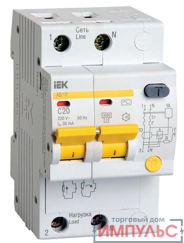 Выключатель автоматический дифференциального тока 2п C 20А 30мА тип AC 4.5кА АД-12 IEK MAD10-2-020-C-030