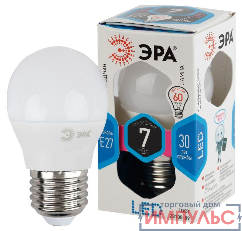 Лампа светодиодная P45-7w-840-E27 шар 560лм ЭРА Б0017224/Б0020554
