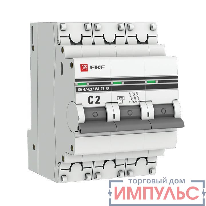 Выключатель автоматический модульный 3п C 2А 4.5кА ВА 47-63 PROxima EKF mcb4763-3-02C-pro
