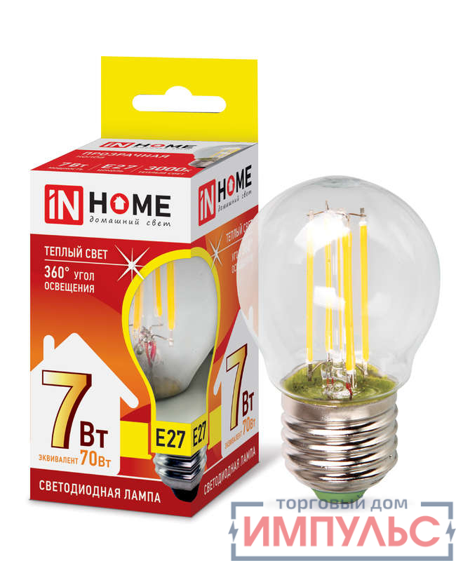 Лампа светодиодная LED-ШАР-deco 7Вт 230В E27 3000К 630Лм прозрач. IN HOME 4690612016320