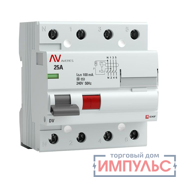 Выключатель дифференциального тока (УЗО) 4п 25А 100мА тип S DV AVERES EKF rccb-4-25-100-s-av