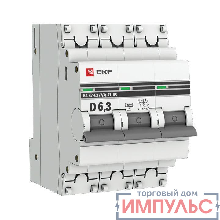 Выключатель автоматический модульный 3п D 6.3А 4.5кА ВА 47-63 PROxima EKF mcb4763-3-6.3D-pro
