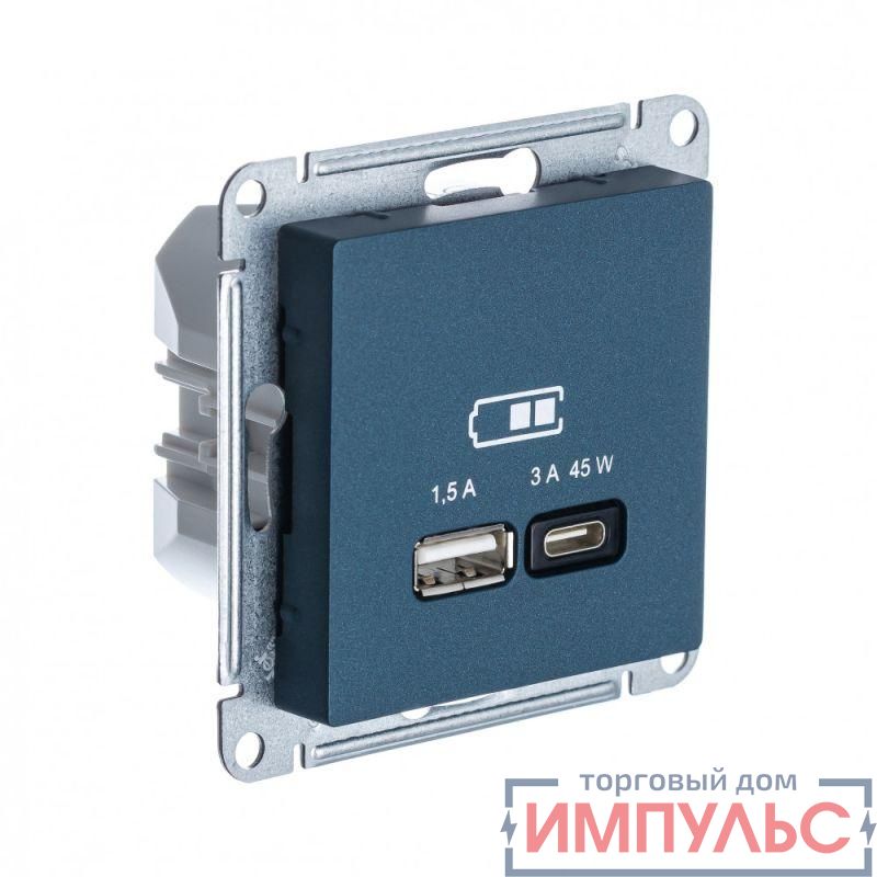Розетка USB AtlasDesign тип A+C 45Вт QC PD высокоскор. ЗУ механизм изумруд SE ATN000829