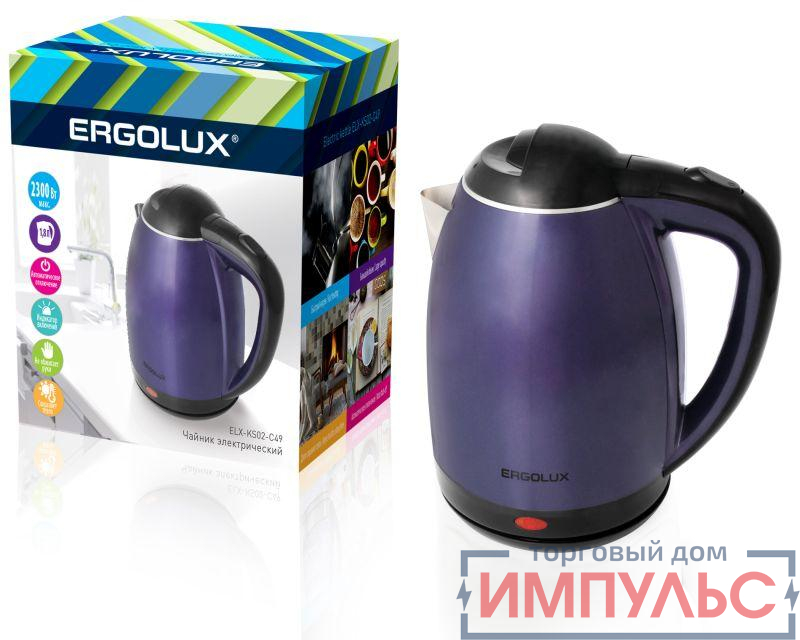 Чайник ELX-KS02-C49 нерж.сталь/пластик 1.8л 160-250В 1500-2300Вт сине-черн. Ergolux 13123 0