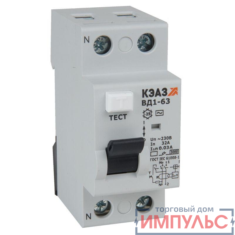 Выключатель дифференциального тока (УЗО) 2п 100А 100мА тип AC ВД1-63 23100 УХЛ4 КЭАЗ 221917