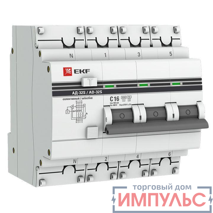 Выключатель автоматический дифференциального тока 4п (3P+N) 16А 100мА АД-32 селект. PROxima EKF DA32-16-100S-4P-pro