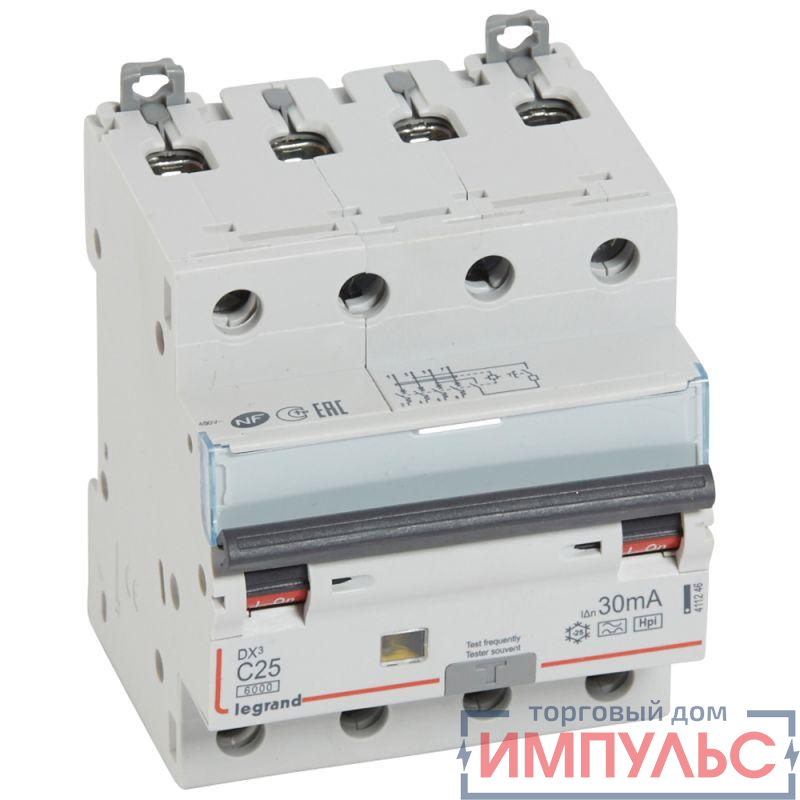Выключатель автоматический дифференциального тока 4п C 25А 30мА F 6кА DX3 F Leg 411246
