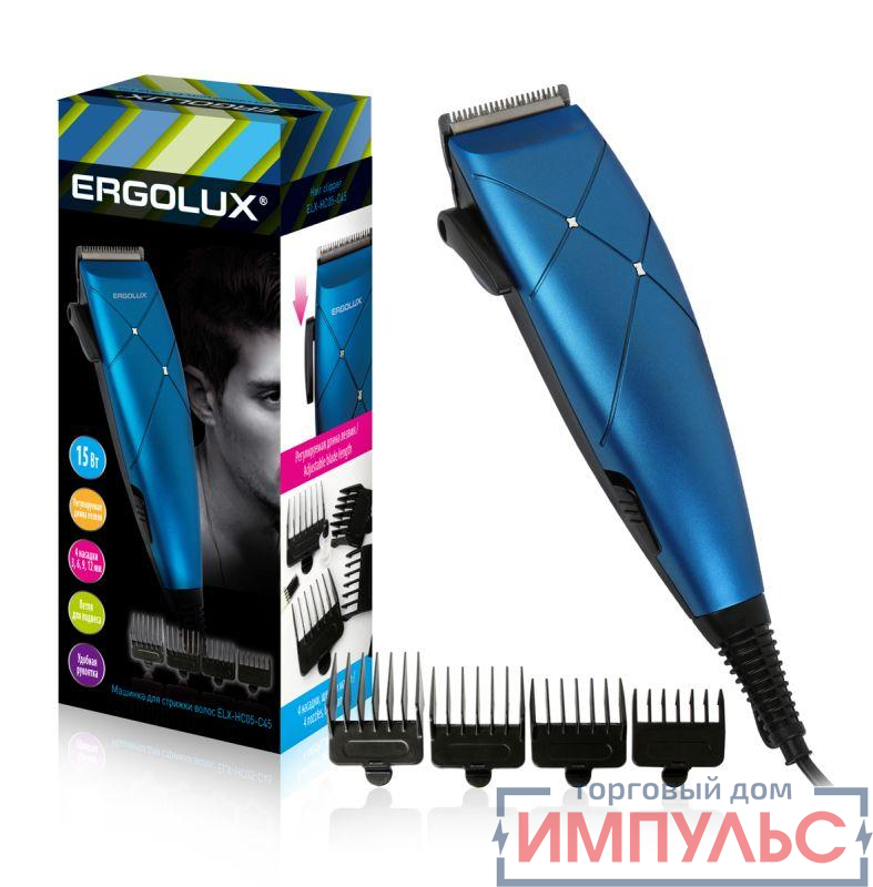 Машинка для стрижки волос ELX-HC05-C45 черн. с син. 15Вт 220-240В Ergolux 14396