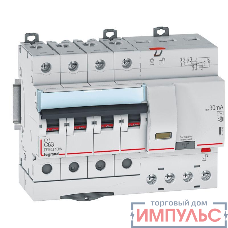 Выключатель автоматический дифференциального тока 4п C 63А 30мА тип AC 6кА DX3 7мод. Leg 411192