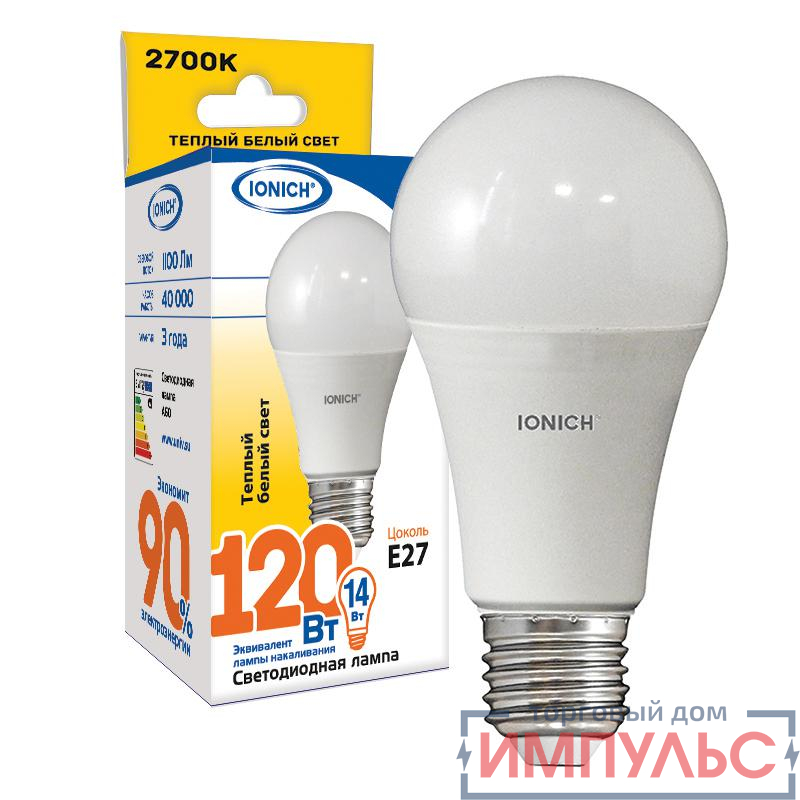 Лампа светодиодная ILED-SMD2835-A60-14-1100-230-2.7-E27 A60 14Вт E27 2700К тепл. бел. IONICH 1622