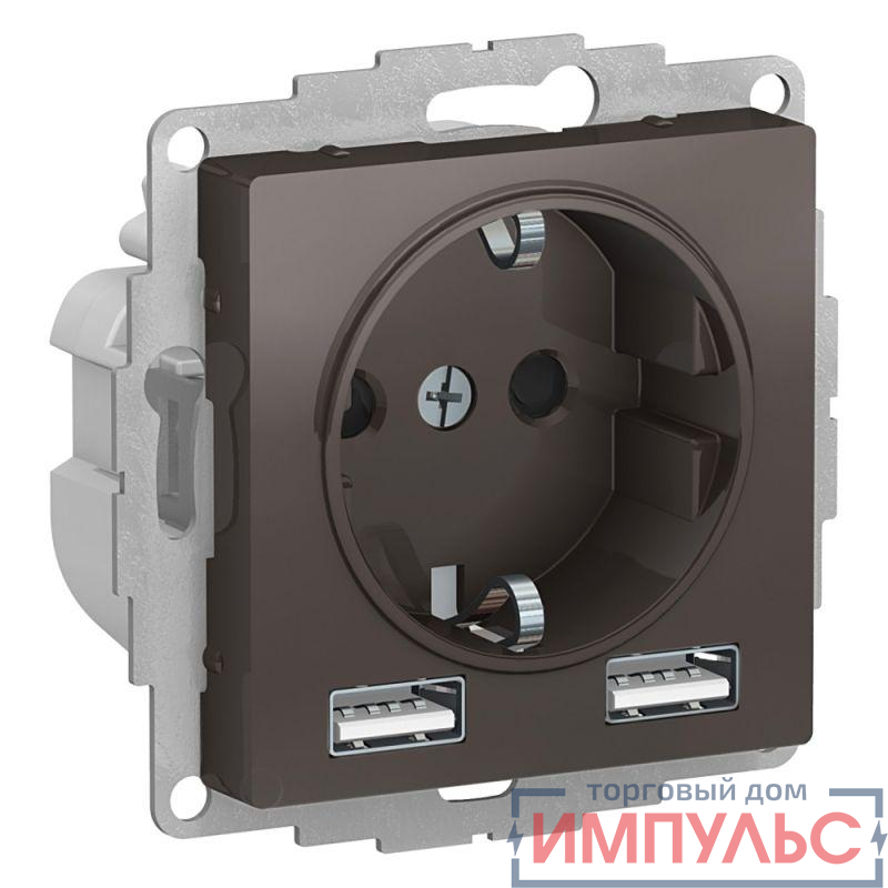 Розетка 1-м СП AtlasDesign 16А IP20 с 2-мя заряд. устройствами USB тип A+A 5В/2.4А 2х5В/1.2А механизм мокко SE ATN000630