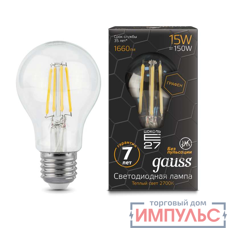 Лампа светодиодная Black Filament Graphene A60 15Вт 2700К E27 Gauss 102802115