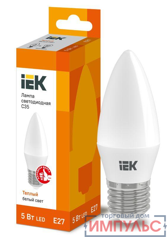 Лампа светодиодная Eco C35 5Вт свеча 3000К тепл. бел. E27 450лм 230-240В IEK LLE-C35-5-230-30-E27