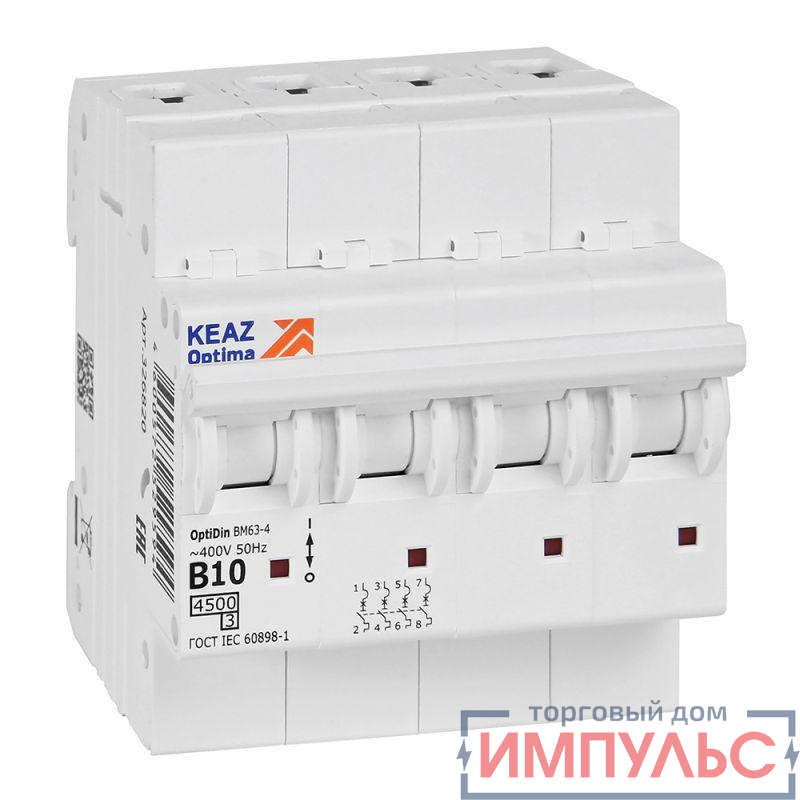 Выключатель автоматический модульный OptiDin BM63-4B10-4.5-УХЛ3 КЭАЗ 329527