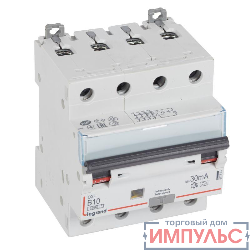 Выключатель автоматический дифференциального тока 4п B 10А 30мА тип A 10кА DX3 Leg 411223