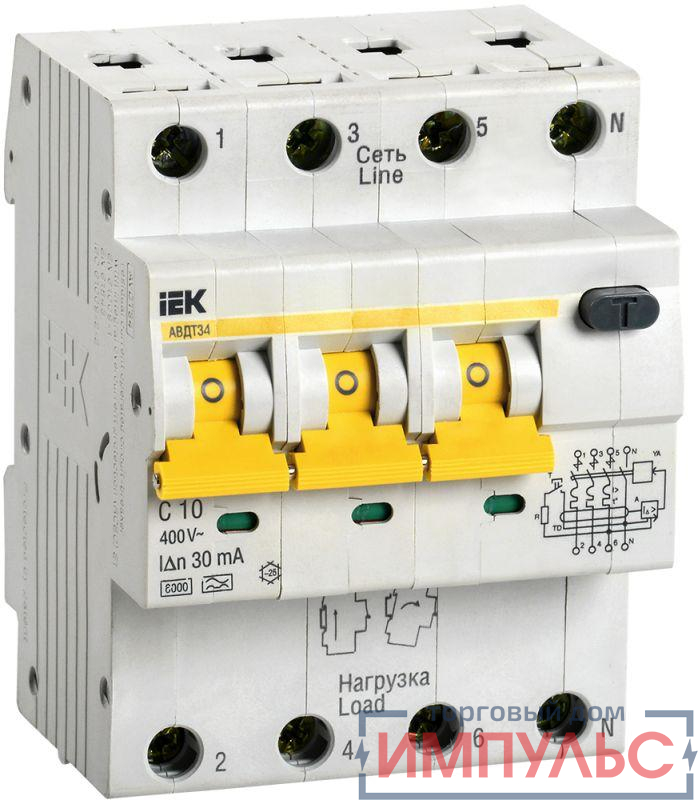 Выключатель автоматический дифференциального тока 4п (3P+N) C 10А 30мА тип A 6кА АВДТ-34 IEK MAD22-6-010-C-30