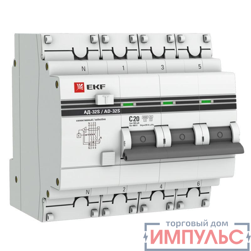 Выключатель автоматический дифференциального тока 4п (3P+N) 20А 100мА АД-32 селект. PROxima EKF DA32-20-100S-4P-pro