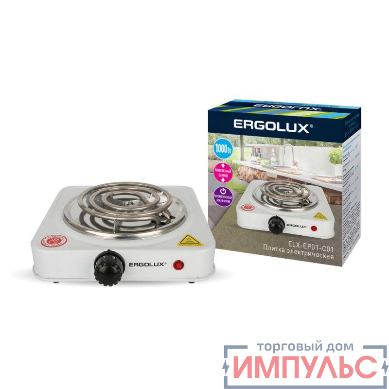 Электроплитка ELX-EP01-C01 1 конф. спиральный нагр. эл. 1000Вт 220-240В бел. Ergolux 13436 0