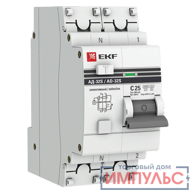 Выключатель автоматический дифференциального тока 2п (1P+N) 25А 300мА АД-32 селект. PROxima EKF DA32-25-300S-pro