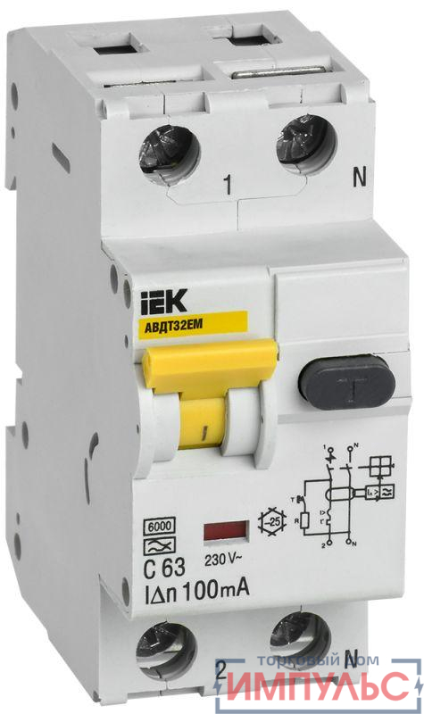 Выключатель автоматический дифференциального тока C 63А 100мА АВДТ32EM IEK MVD14-1-063-C-100