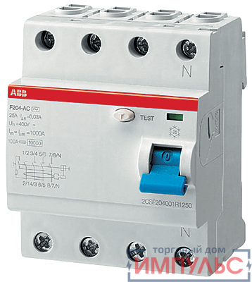 Выключатель дифференциального тока (УЗО) 4п 100А 100мА тип AC F204 ABB 2CSF204001R2900
