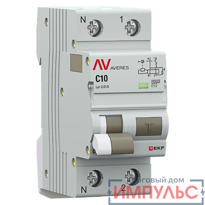 Выключатель автоматический дифференциального тока 2п (1P+N) C 10А 10мА тип AC 6кА DVA-6 AVERES EKF rcbo6-1pn-10C-10-ac-av