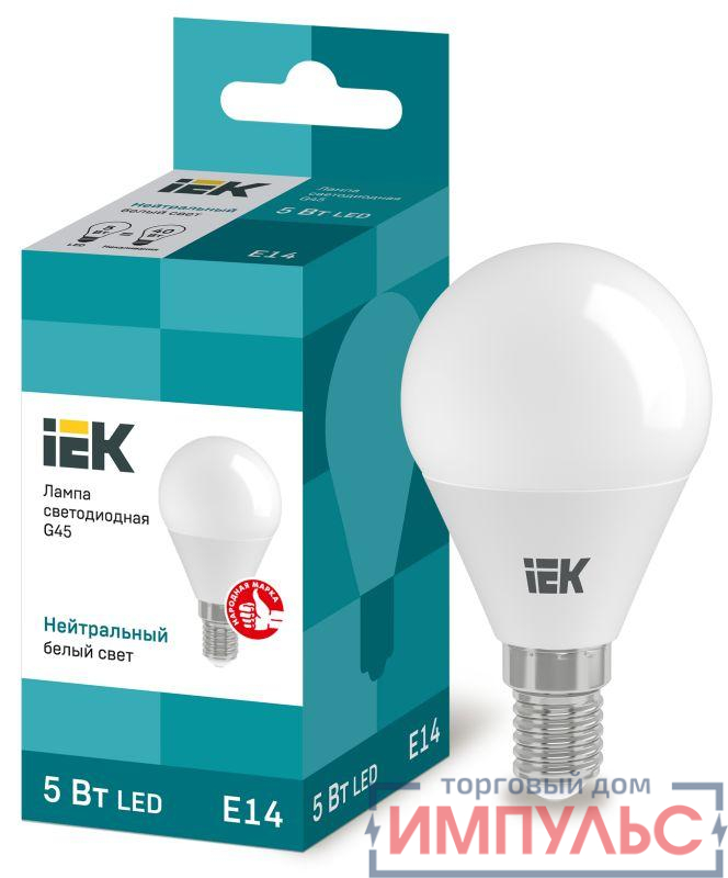 Лампа светодиодная Eco G45 5Вт шар 4000К нейтр. бел. E14 450лм 230-240В IEK LLE-G45-5-230-40-E14
