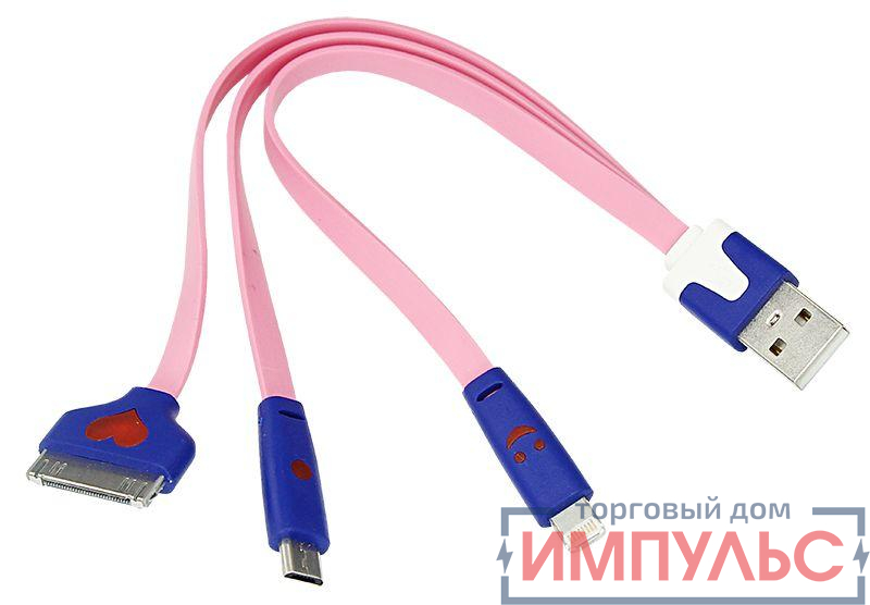 Кабель USB Lightning/30pin/micro USB/PVC/flat/pink/0.15m 3 в 1 Rexant 18-4251
