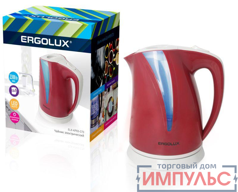 Чайник ELX-KP03-C73 пласт. 2.0л 160-250В 1500-2300Вт вишнево-свет.сер Ergolux 13116 0