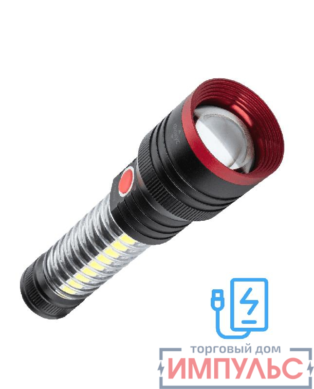 Фонарь аккумуляторный ручной 10Вт LED+5Вт COB LED+красн. zoom-линза Li-ion 18650 2200мА.ч Power-bank корпус анодир. алюм. USB-шнур type C магнит на корпусе КОСМОС KOC132Lit