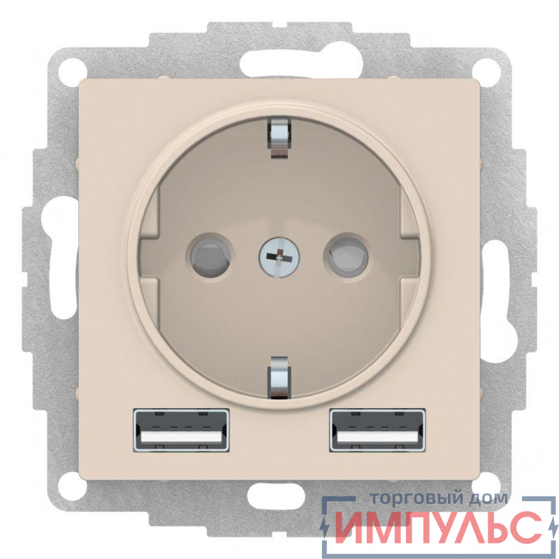 Розетка 3-м СП AtlasDesign 16А IP20 с 2-мя заряд. устройствами USB тип A+A 5В/2.4А 2х5В/1.2А механизм беж. SchE ATN000230